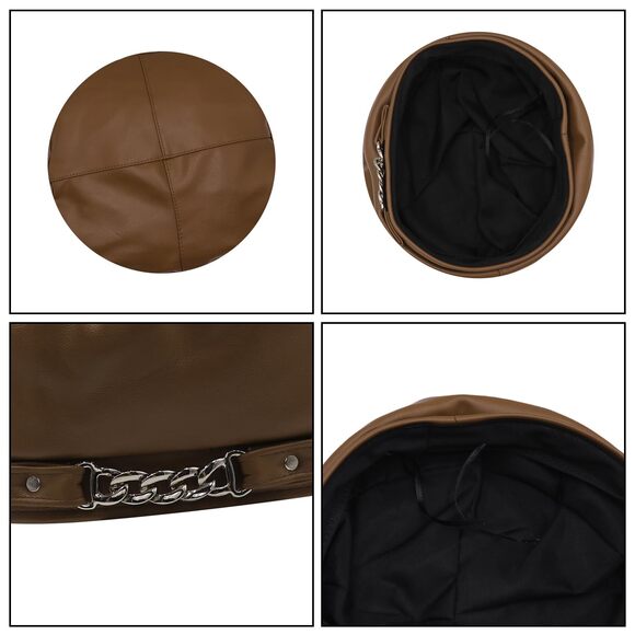 3498 Women Pu Leather French Black Beret Hat Causal Beanie Hat main image 5